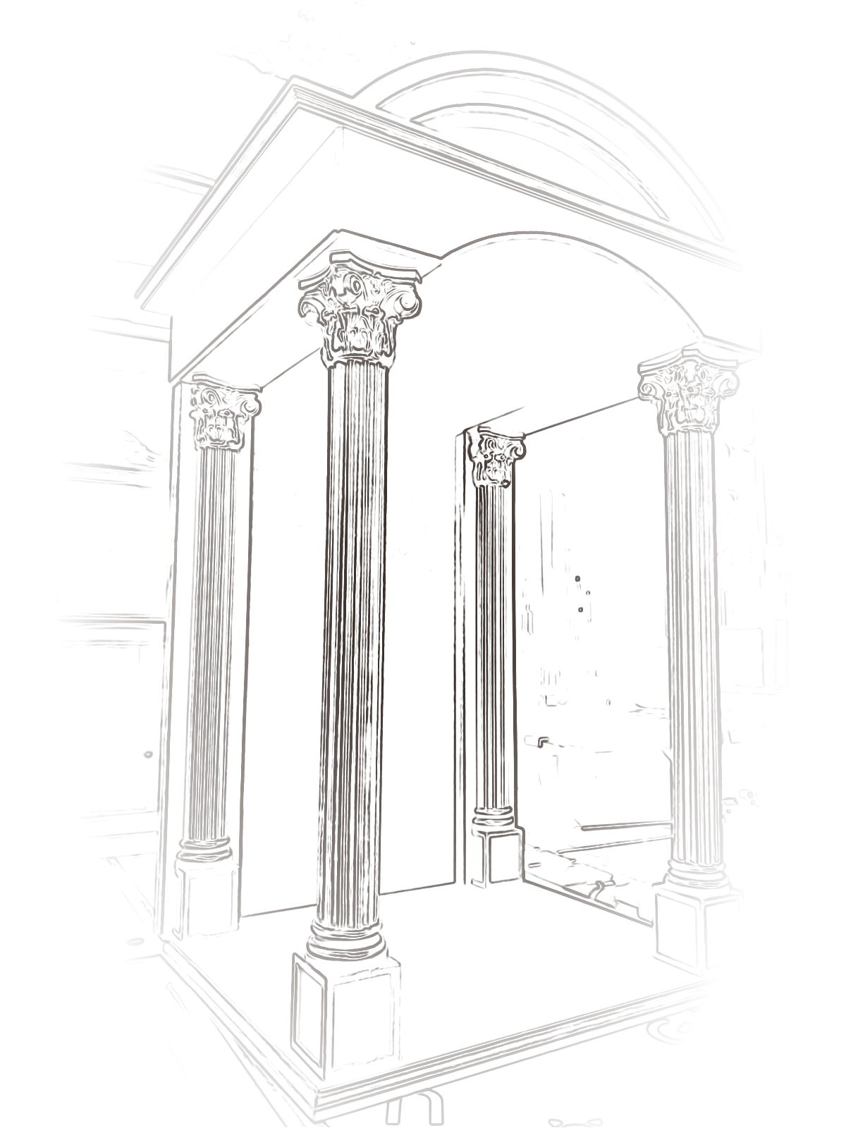 Tracé des contours de la niche à colonnes, comme un croquis au trait.